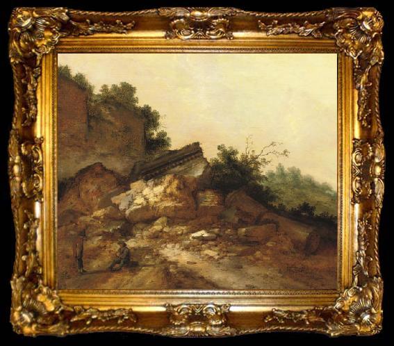 framed  Jacobus Mancadan A rocky landscape with two peasants conversing near classical ruins, ta009-2